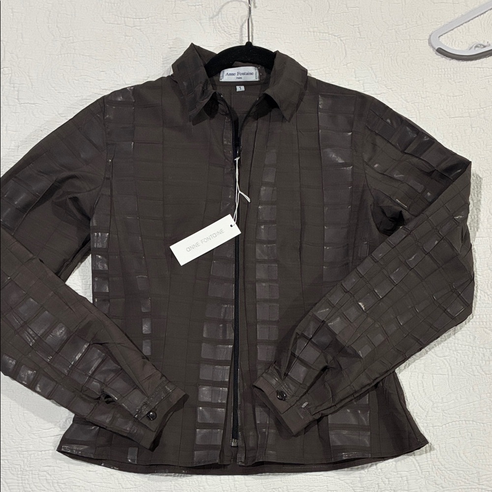 Anne Fontaine Dark Brown Shimmer Geometric Pattern Lightweight Zip Shirt Jacket